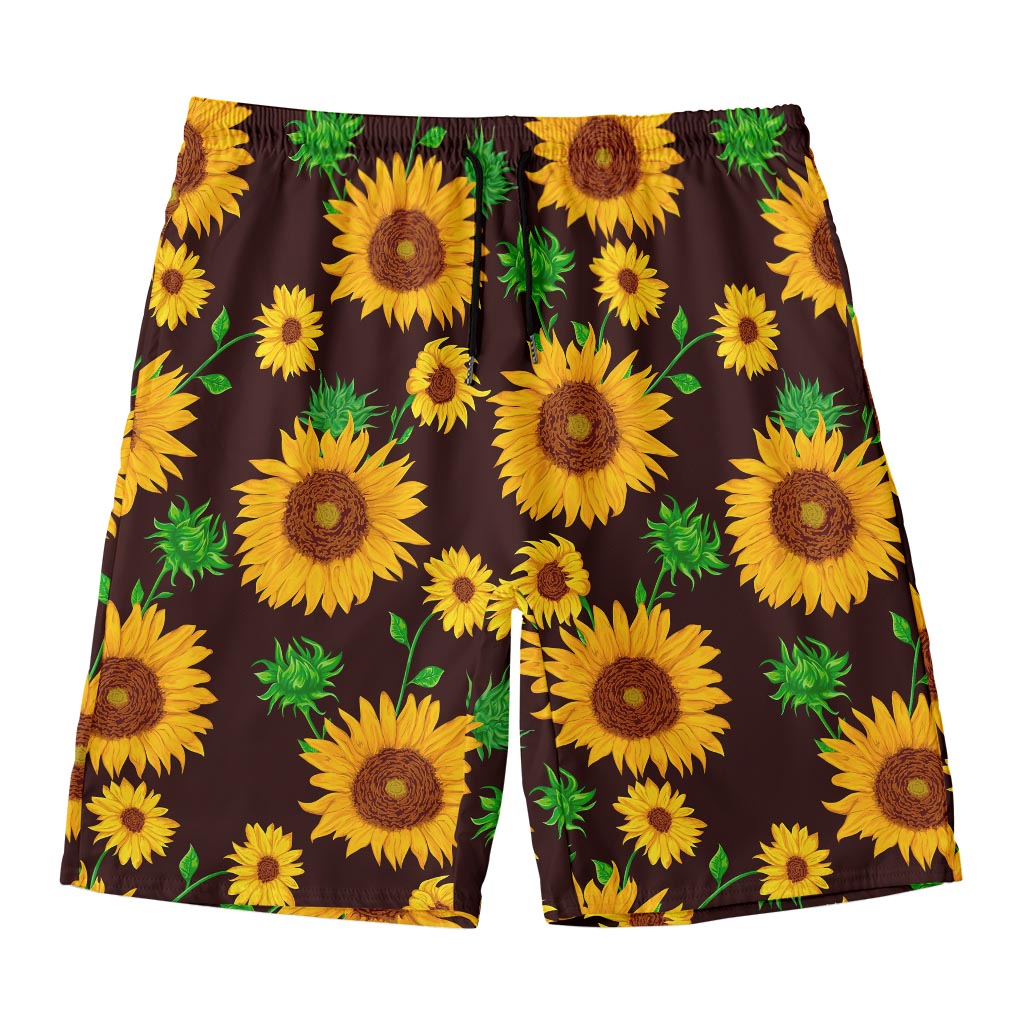 Brown Sunflower Pattern Print Men's Swim Trunks