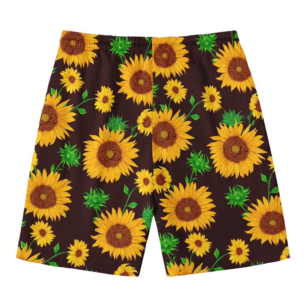 Brown Sunflower Pattern Print Men's Swim Trunks