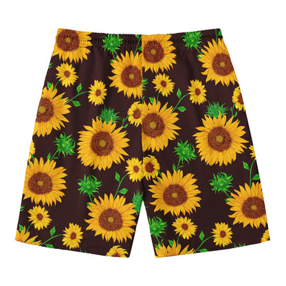 Brown Sunflower Pattern Print Men's Swim Trunks