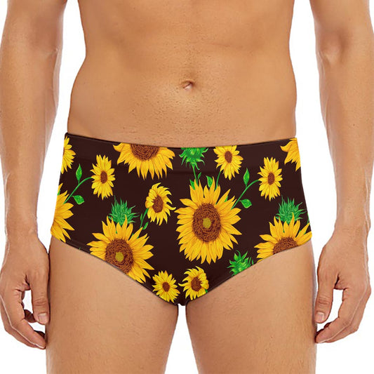 Brown Sunflower Pattern Print Men's Triangle Swim Briefs