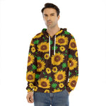 Brown Sunflower Pattern Print Men's Velvet Pullover Hoodie
