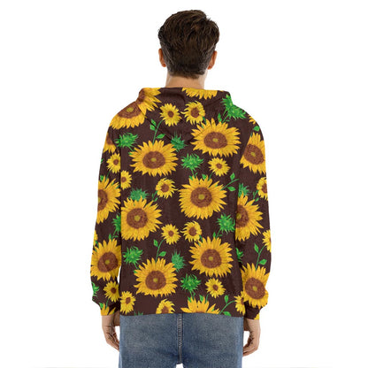 Brown Sunflower Pattern Print Men's Velvet Pullover Hoodie