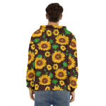 Brown Sunflower Pattern Print Men's Velvet Pullover Hoodie