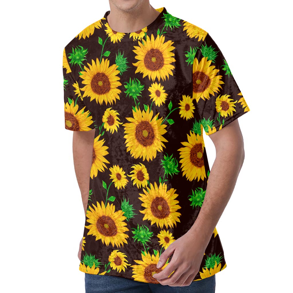 Brown Sunflower Pattern Print Men's Velvet T-Shirt