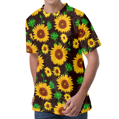 Brown Sunflower Pattern Print Men's Velvet T-Shirt