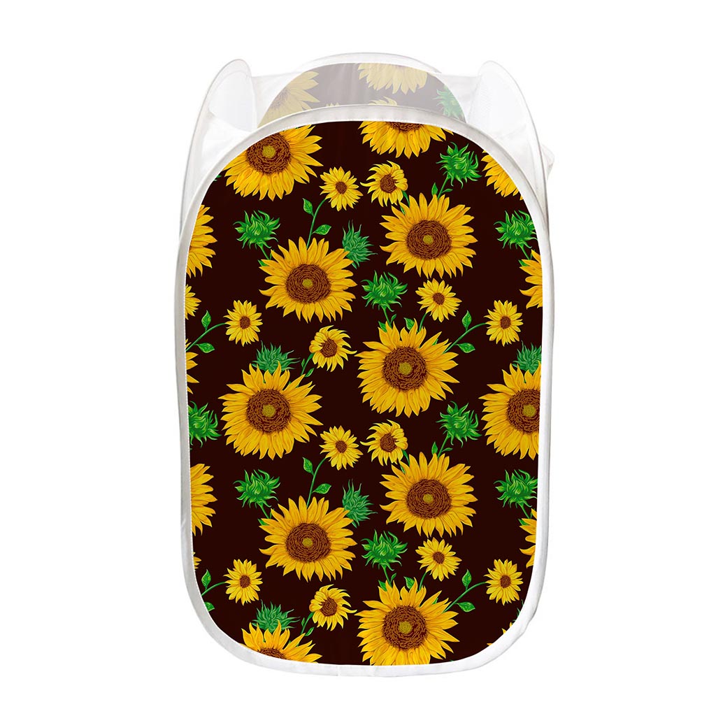 Brown Sunflower Pattern Print Mesh Laundry Hamper