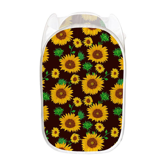 Brown Sunflower Pattern Print Mesh Laundry Hamper