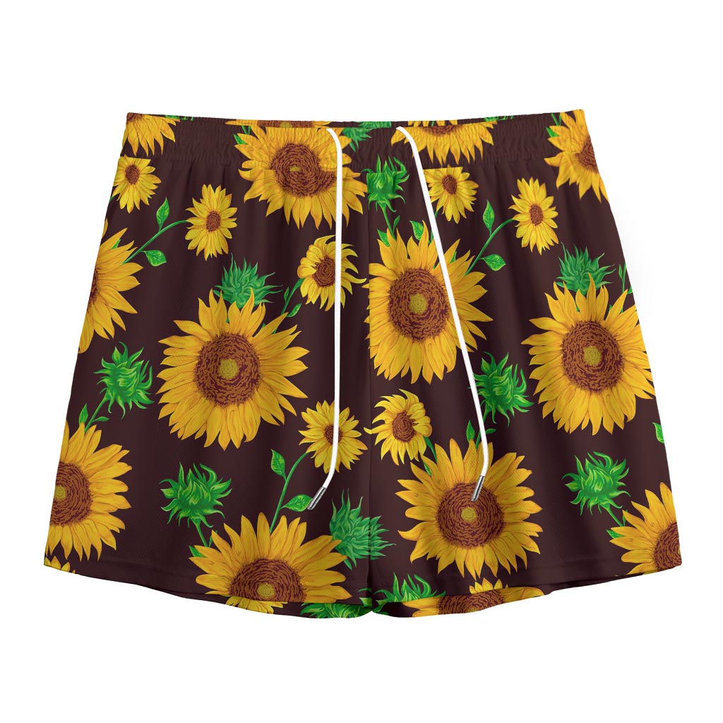 Brown Sunflower Pattern Print Mesh Shorts