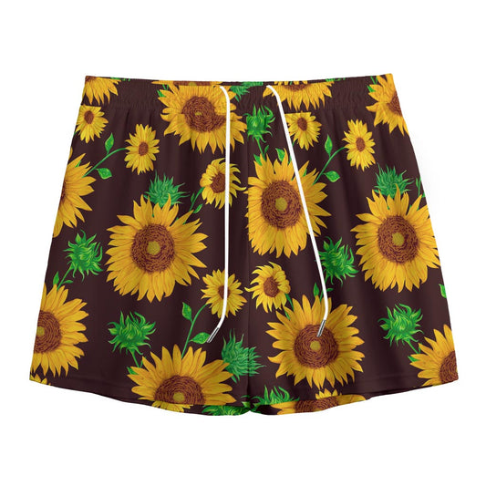 Brown Sunflower Pattern Print Mesh Shorts