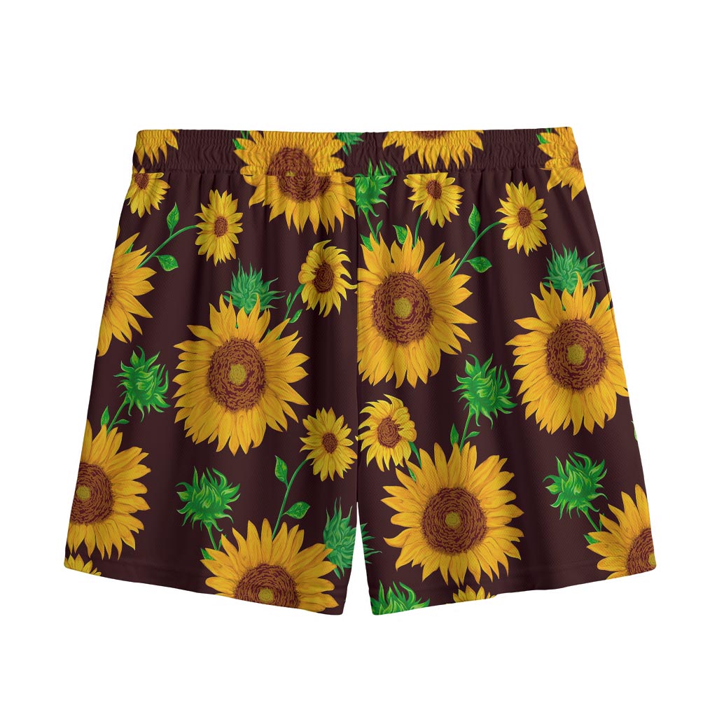 Brown Sunflower Pattern Print Mesh Shorts