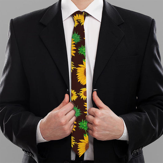 Brown Sunflower Pattern Print Necktie