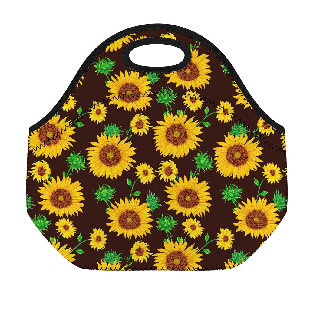 Brown Sunflower Pattern Print Neoprene Lunch Bag