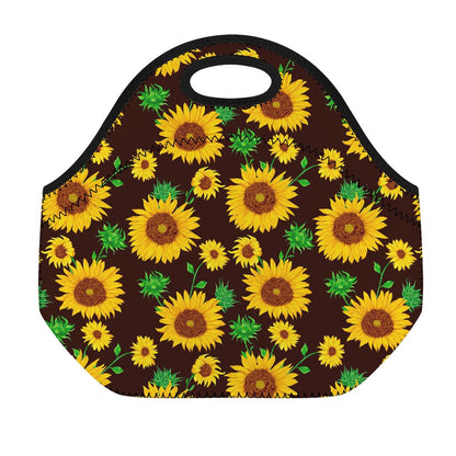 Brown Sunflower Pattern Print Neoprene Lunch Bag
