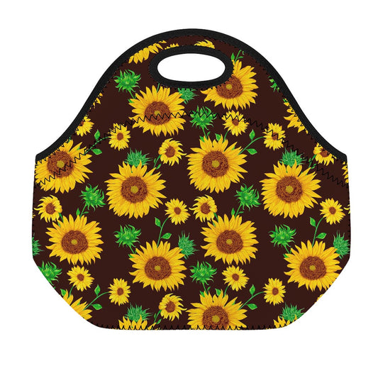 Brown Sunflower Pattern Print Neoprene Lunch Bag