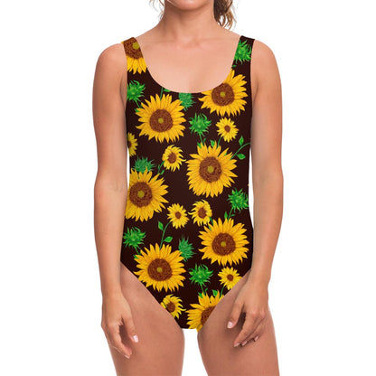 Brown Sunflower Pattern Print One Piece Swimsuit