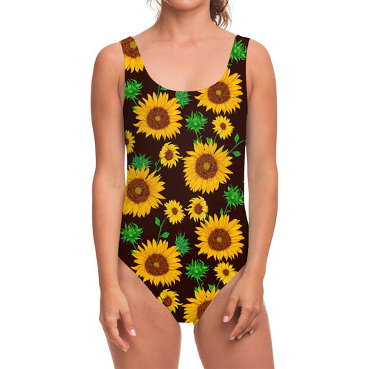 Brown Sunflower Pattern Print One Piece Swimsuit