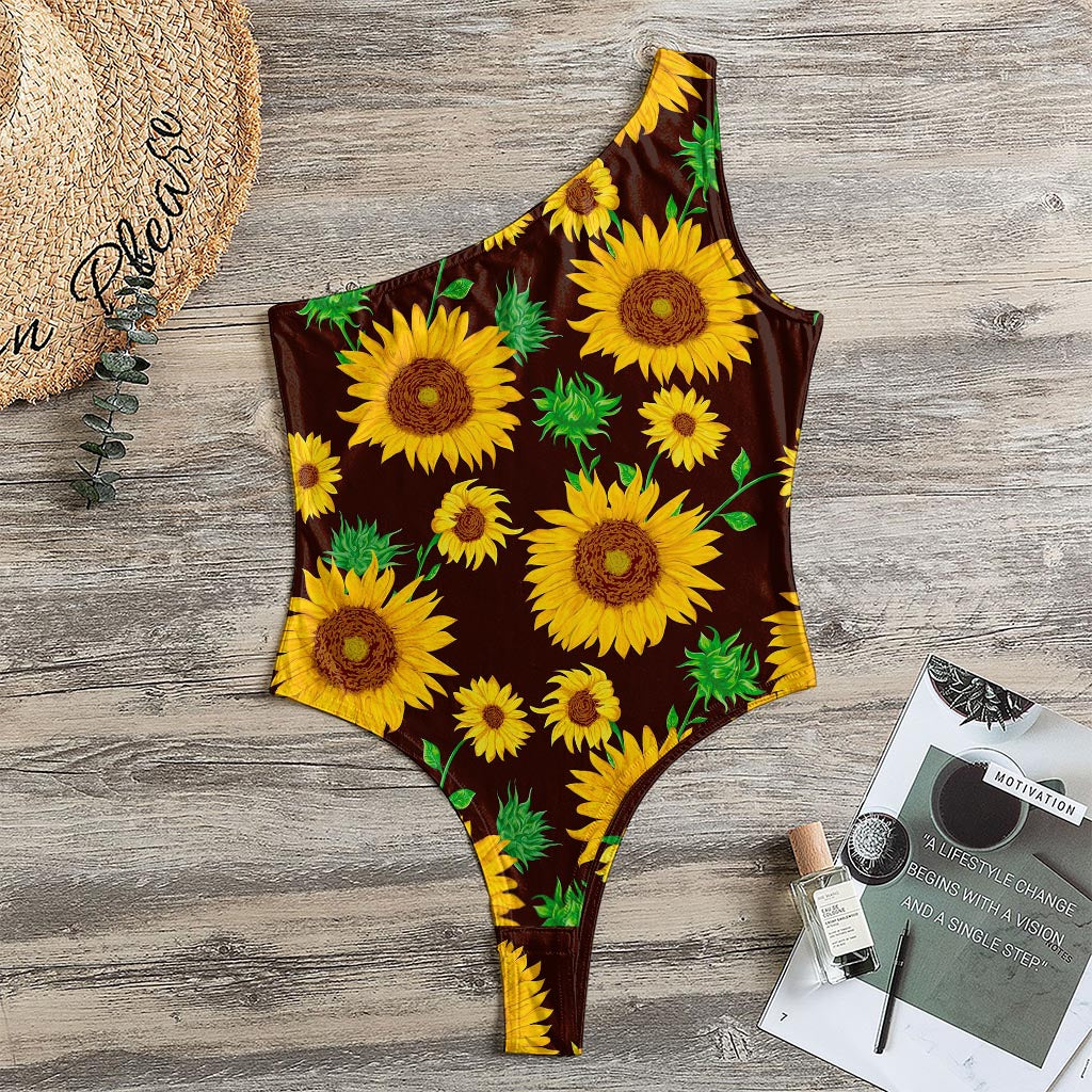 Brown Sunflower Pattern Print One Shoulder Bodysuit