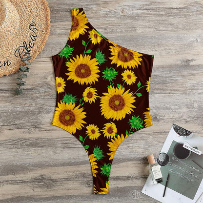 Brown Sunflower Pattern Print One Shoulder Bodysuit