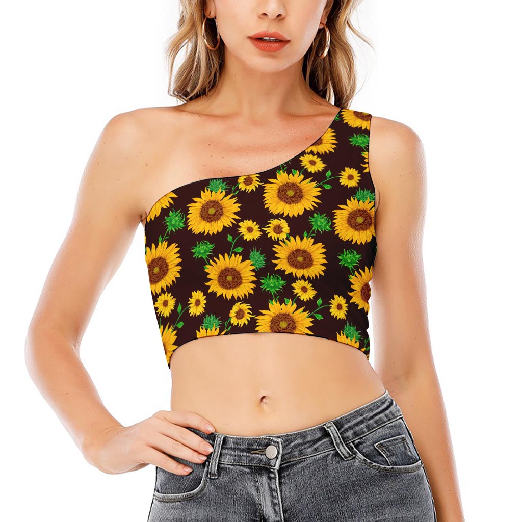Brown Sunflower Pattern Print One Shoulder Crop Top