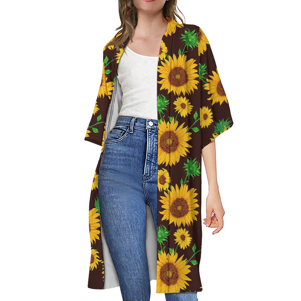 Brown Sunflower Pattern Print Open Front Beach Cover Up