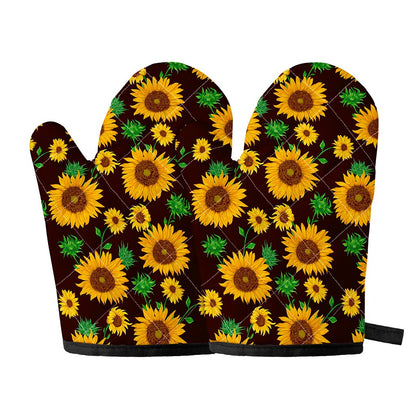 Brown Sunflower Pattern Print Oven Mitts