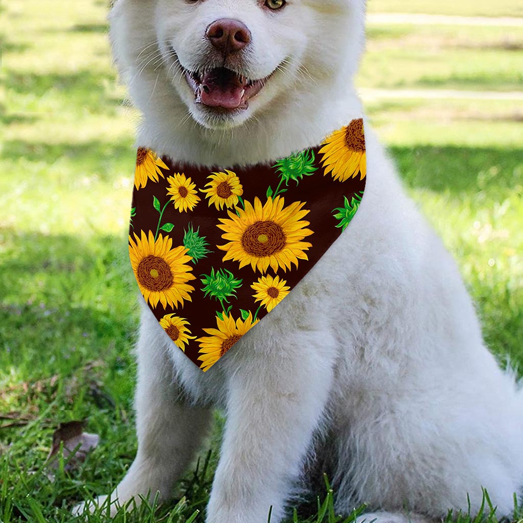 Brown Sunflower Pattern Print Over The Collar Dog Bandana