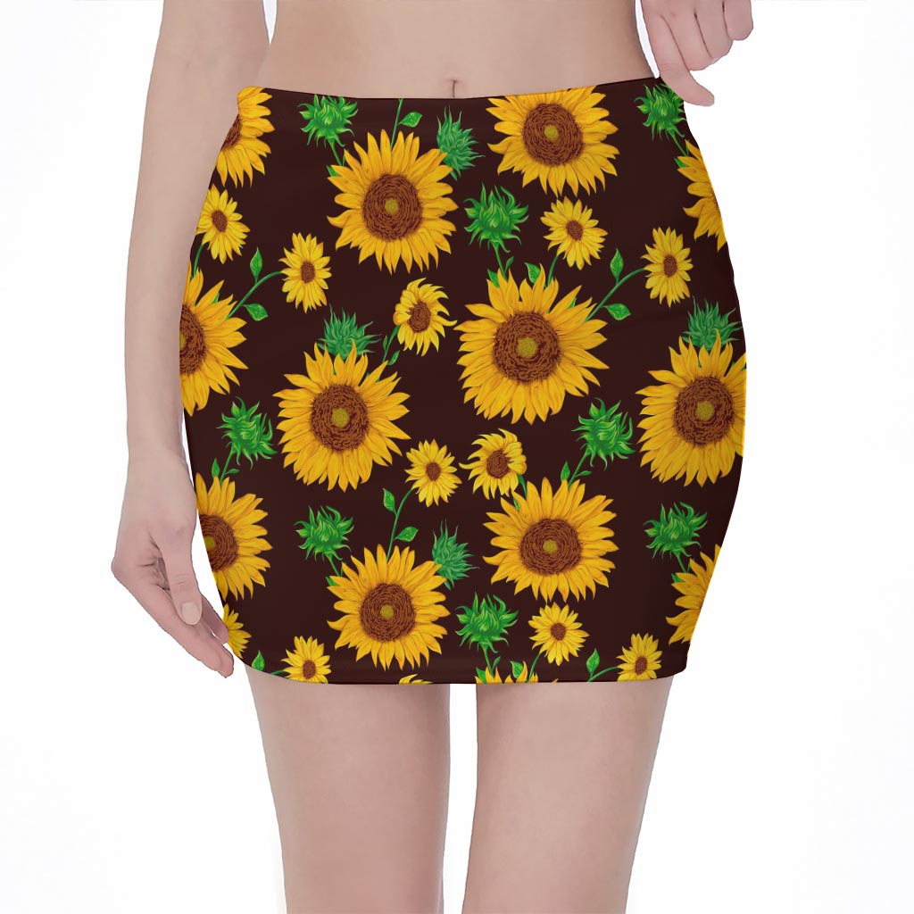 Brown Sunflower Pattern Print Pencil Mini Skirt