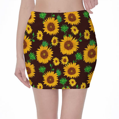 Brown Sunflower Pattern Print Pencil Mini Skirt