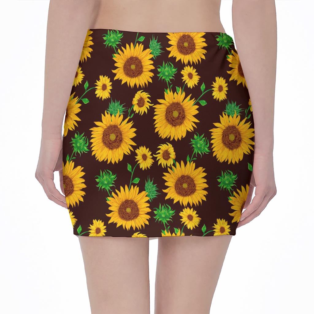 Brown Sunflower Pattern Print Pencil Mini Skirt