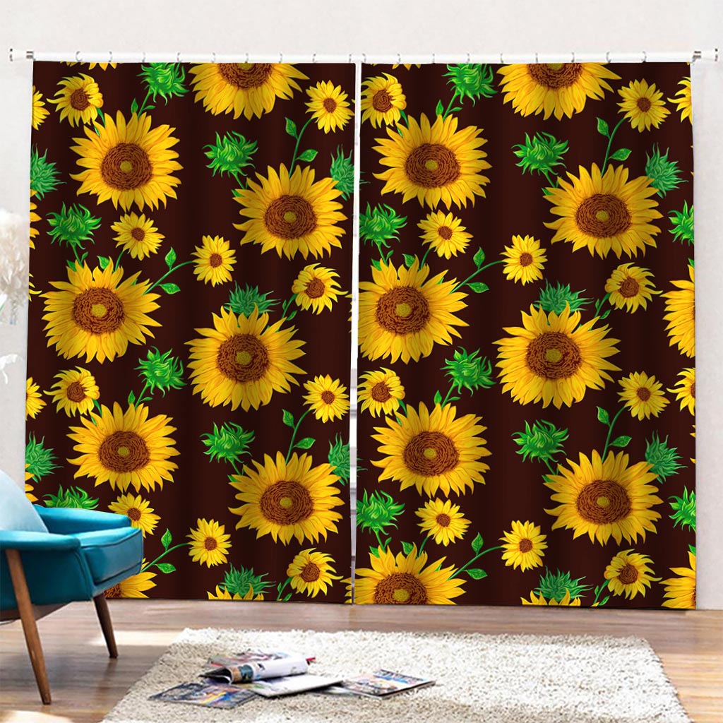 Brown Sunflower Pattern Print Pencil Pleat Curtains