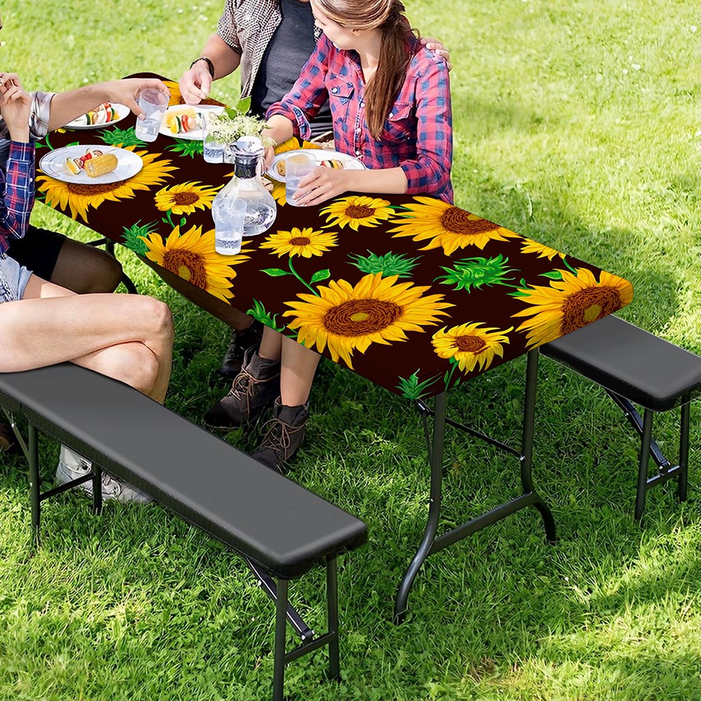 Brown Sunflower Pattern Print Picnic Table Cover