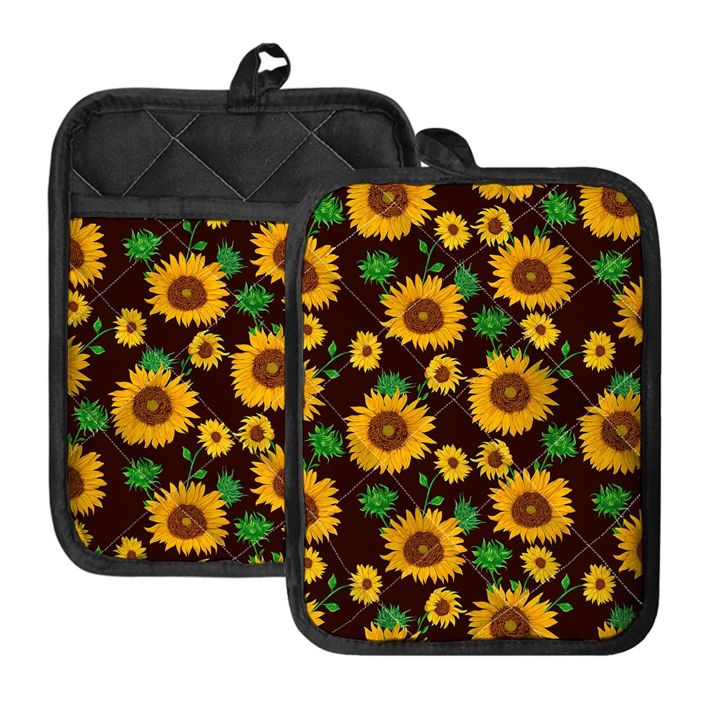 Brown Sunflower Pattern Print Pot Holders With Pocket