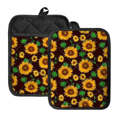 Brown Sunflower Pattern Print Pot Holders With Pocket