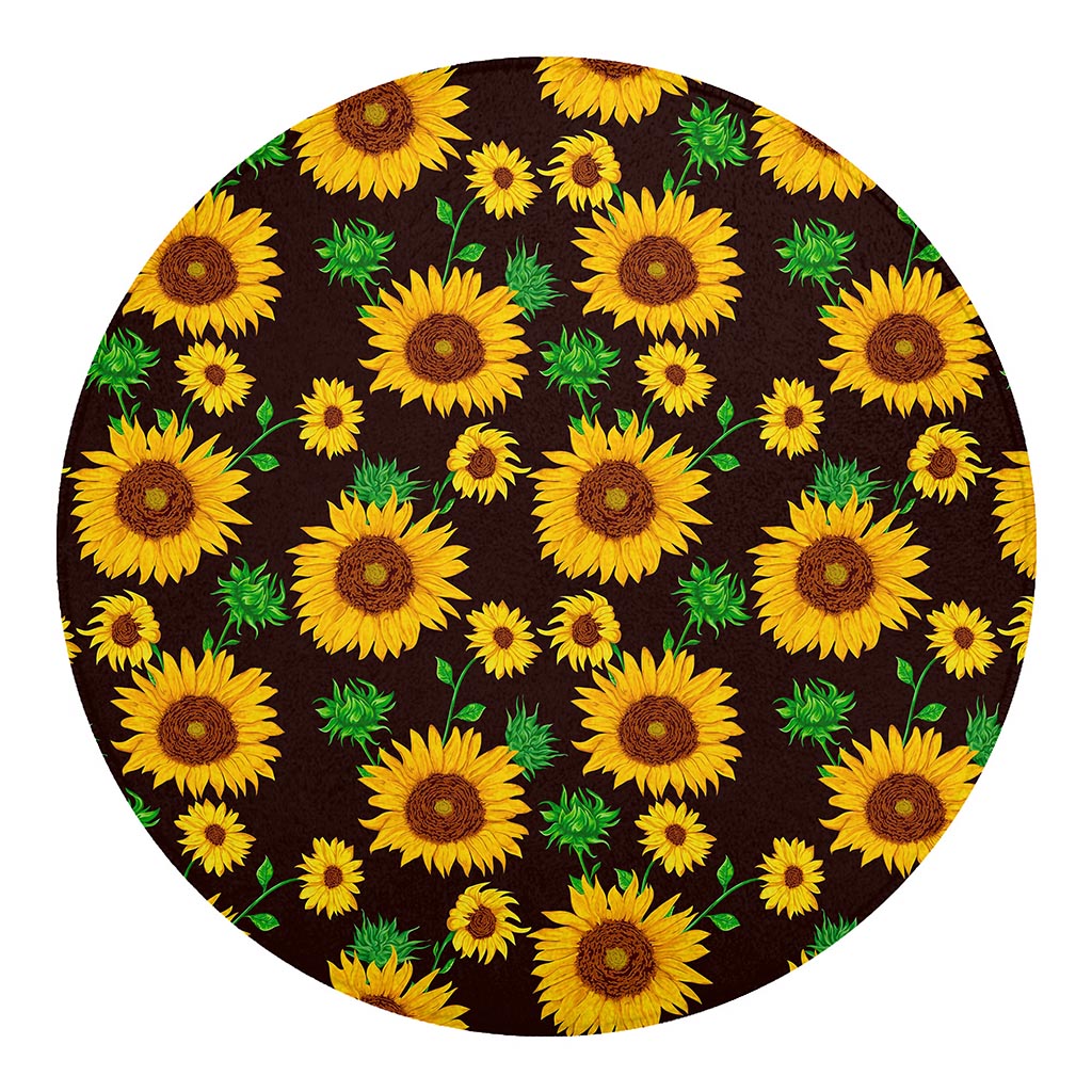 Brown Sunflower Pattern Print Round Blanket