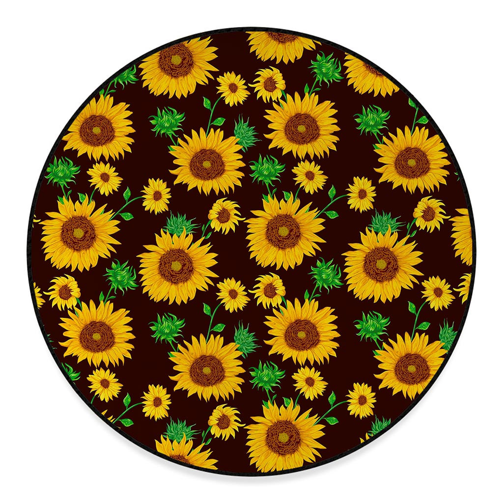 Brown Sunflower Pattern Print Round Floor Mat