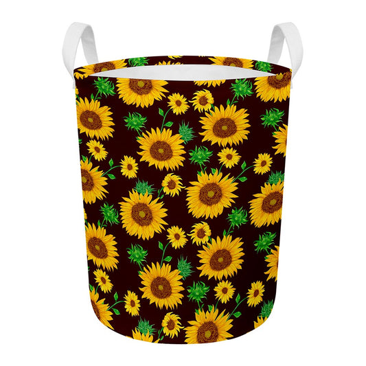 Brown Sunflower Pattern Print Round Laundry Basket