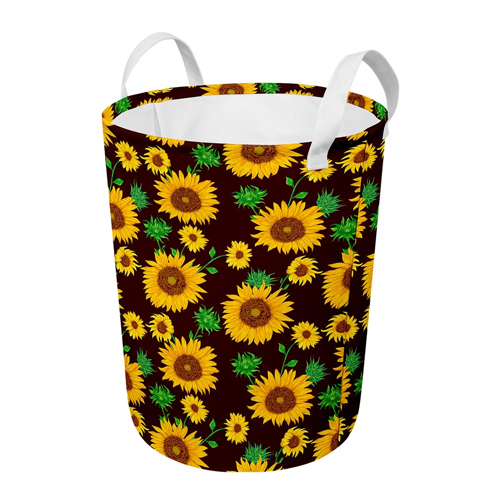 Brown Sunflower Pattern Print Round Laundry Basket