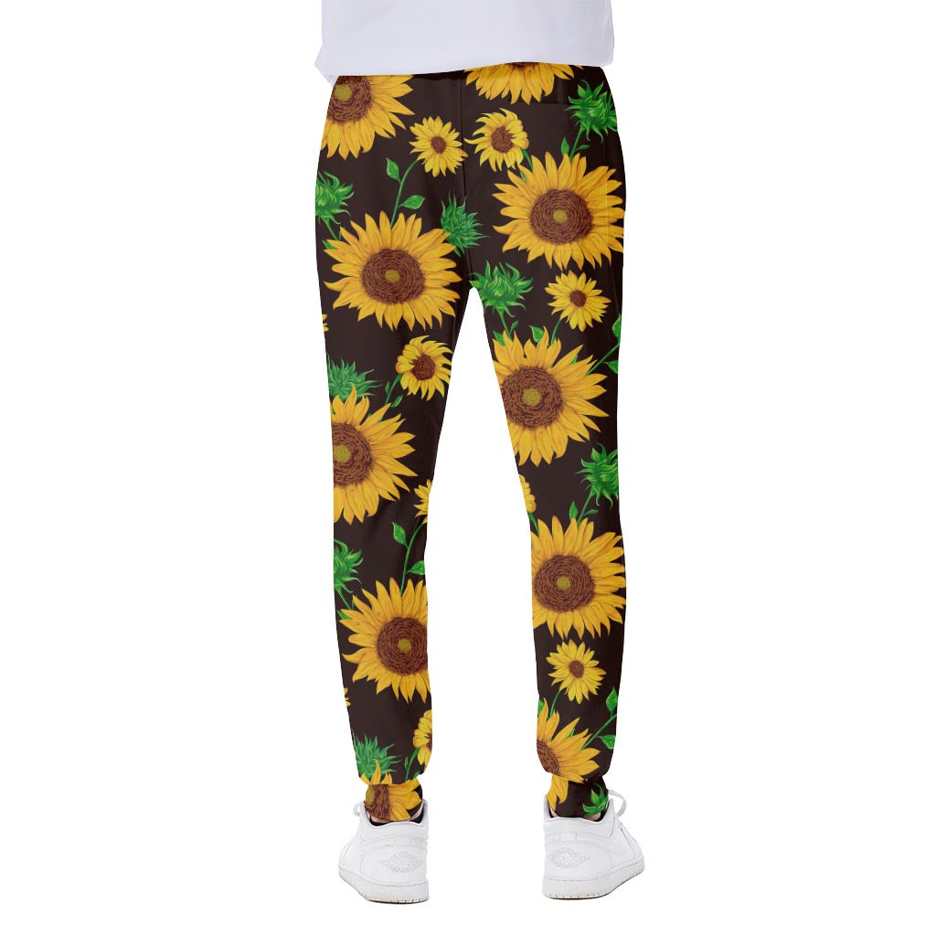 Brown Sunflower Pattern Print Scuba Joggers