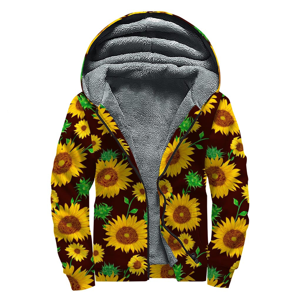 Brown Sunflower Pattern Print Sherpa Lined Zip Up Hoodie