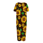 Brown Sunflower Pattern Print Short Sleeve Long Nightdress