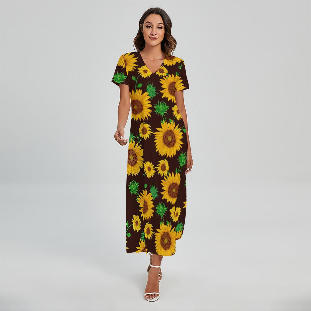 Brown Sunflower Pattern Print Short Sleeve Maxi Dress