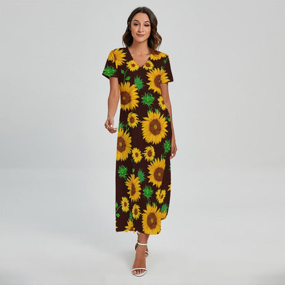 Brown Sunflower Pattern Print Short Sleeve Maxi Dress