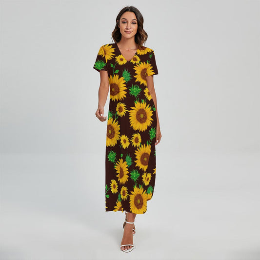 Brown Sunflower Pattern Print Short Sleeve Maxi Dress