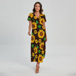 Brown Sunflower Pattern Print Short Sleeve Maxi Dress