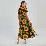 Brown Sunflower Pattern Print Short Sleeve Maxi Dress
