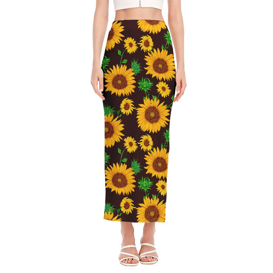 Brown Sunflower Pattern Print Side Slit Maxi Skirt