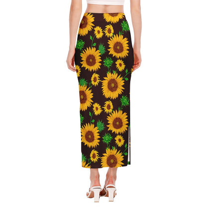 Brown Sunflower Pattern Print Side Slit Maxi Skirt