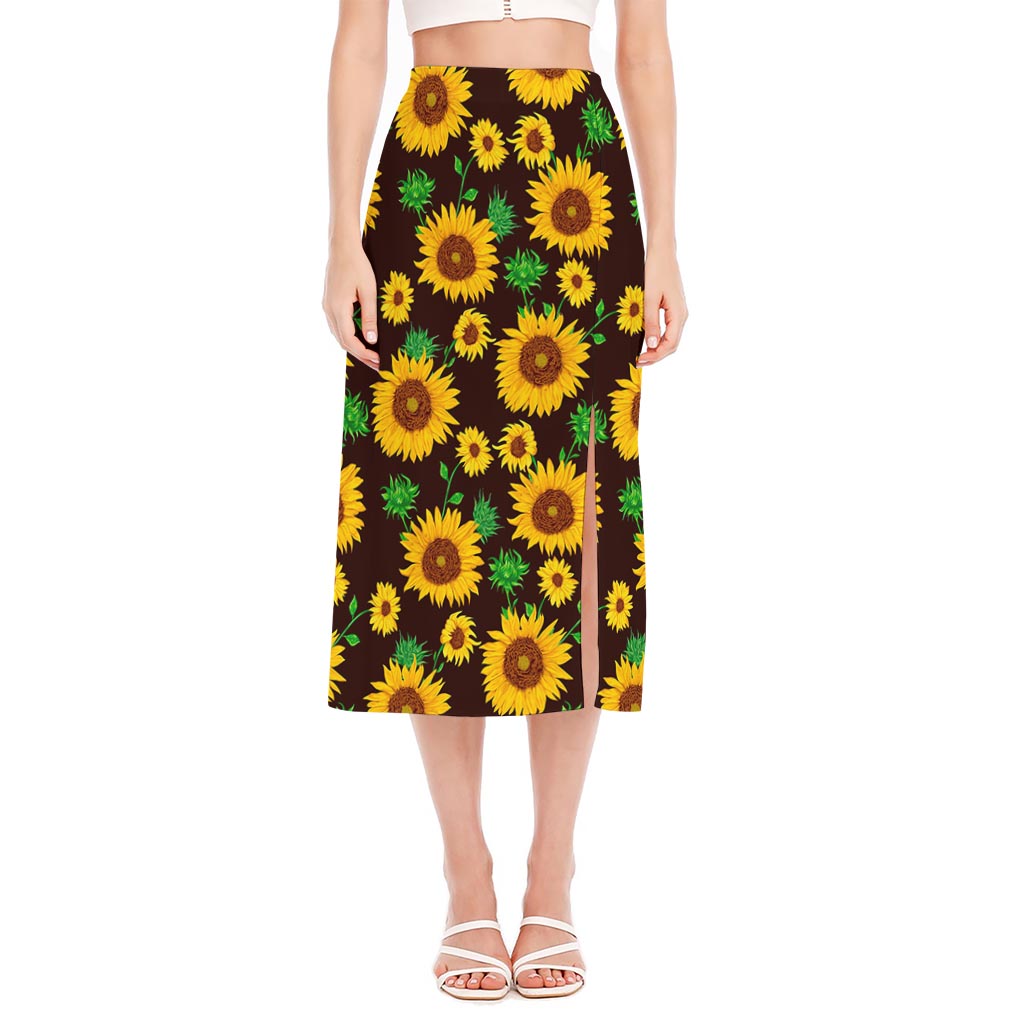Brown Sunflower Pattern Print Side Slit Midi Skirt