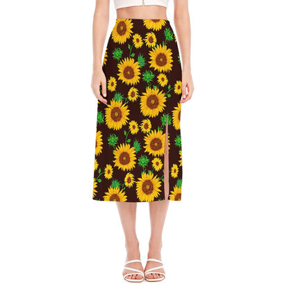 Brown Sunflower Pattern Print Side Slit Midi Skirt