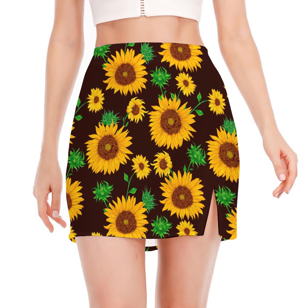 Brown Sunflower Pattern Print Side Slit Mini Skirt
